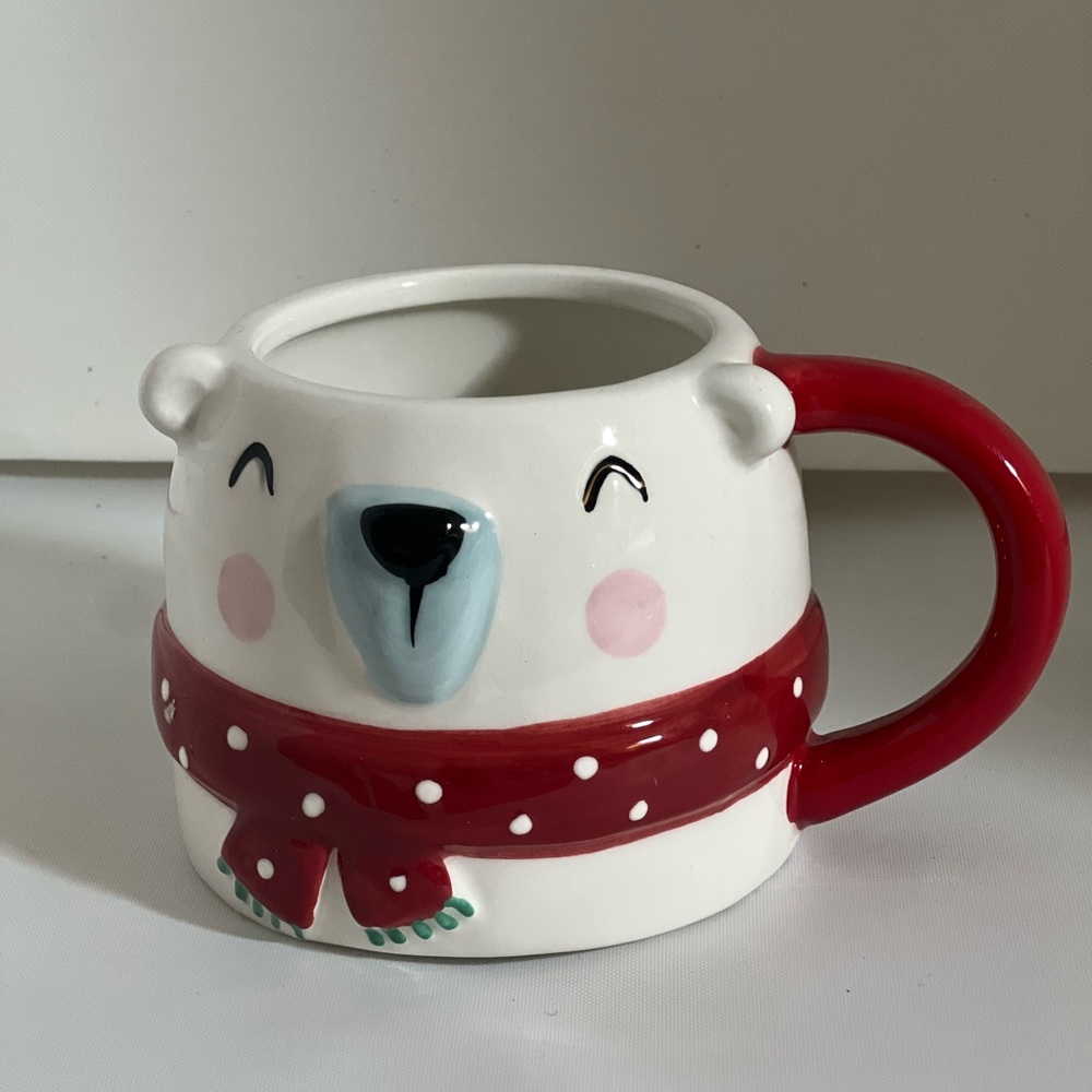 White and red ceramic mug with a cute bear design #ChristmasDecor